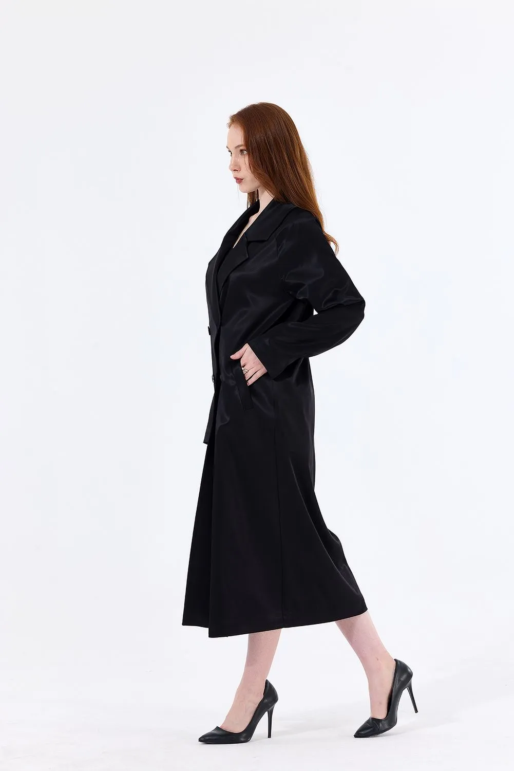 SNS Sense Black Lined Satin Trench Coat - Cascais