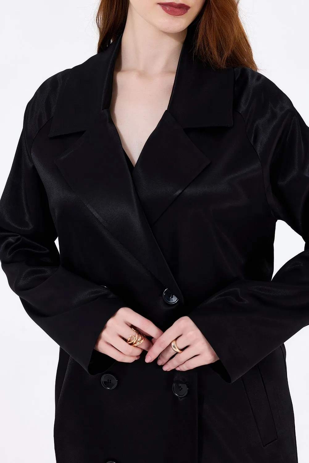 SNS Sense Black Lined Satin Trench Coat - Cascais