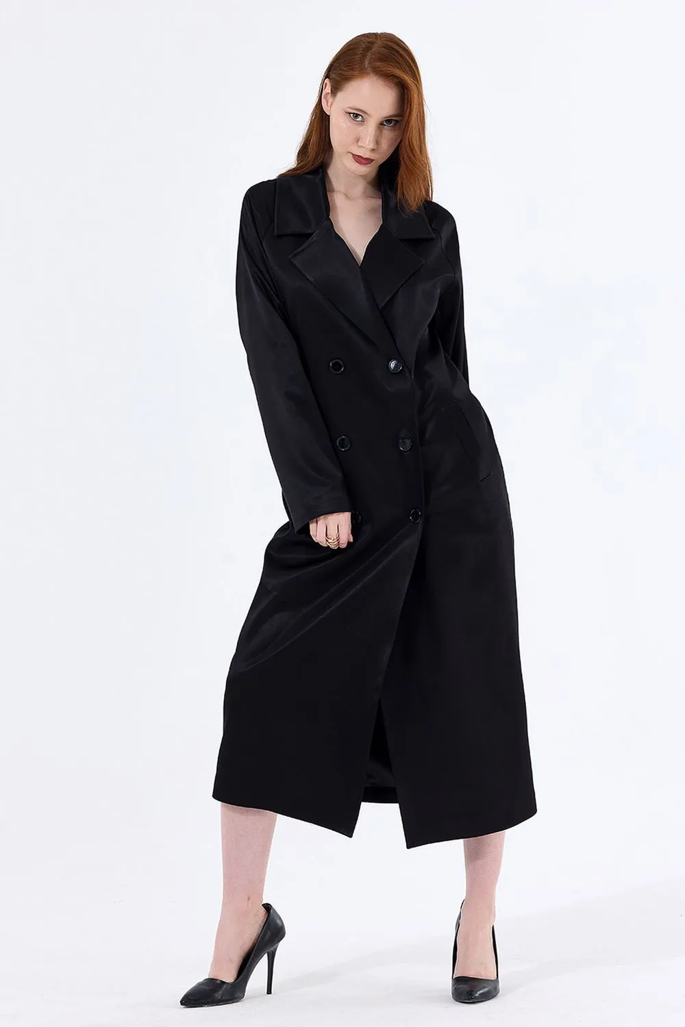 SNS Sense Black Lined Satin Trench Coat - Cascais