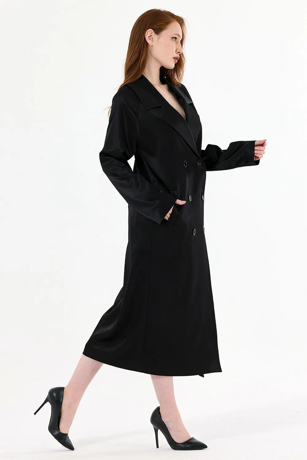 SNS Sense Black Lined Satin Trench Coat - Cascais