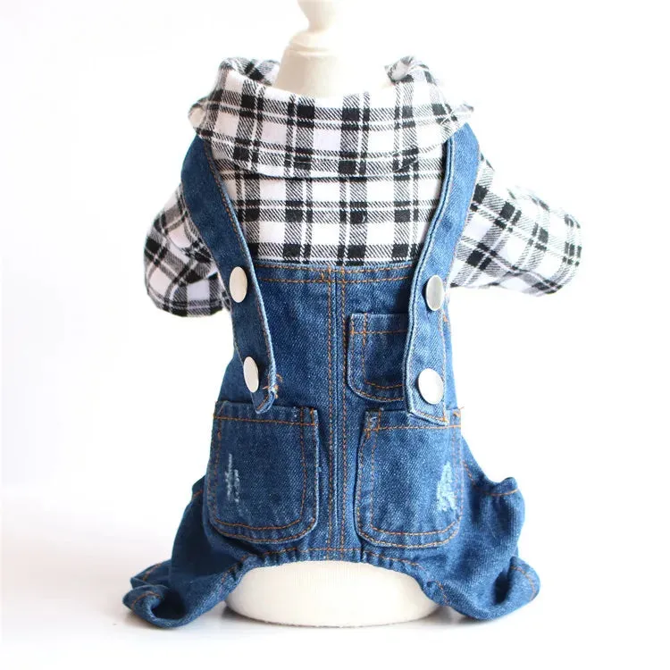 Spring Pet Dog Jumpsuit Denim Overalls for Dogs Plaid Jeans Jacket Pants Suit Onesies Small Dog Clothes Yorkie Chihuahua Apparel