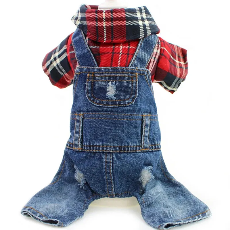 Spring Pet Dog Jumpsuit Denim Overalls for Dogs Plaid Jeans Jacket Pants Suit Onesies Small Dog Clothes Yorkie Chihuahua Apparel