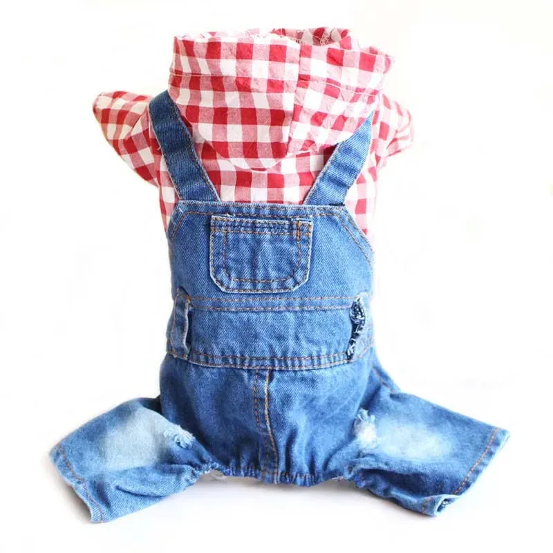 Spring Pet Dog Jumpsuit Denim Overalls for Dogs Plaid Jeans Jacket Pants Suit Onesies Small Dog Clothes Yorkie Chihuahua Apparel