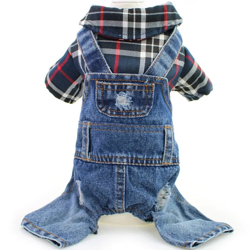 Spring Pet Dog Jumpsuit Denim Overalls for Dogs Plaid Jeans Jacket Pants Suit Onesies Small Dog Clothes Yorkie Chihuahua Apparel