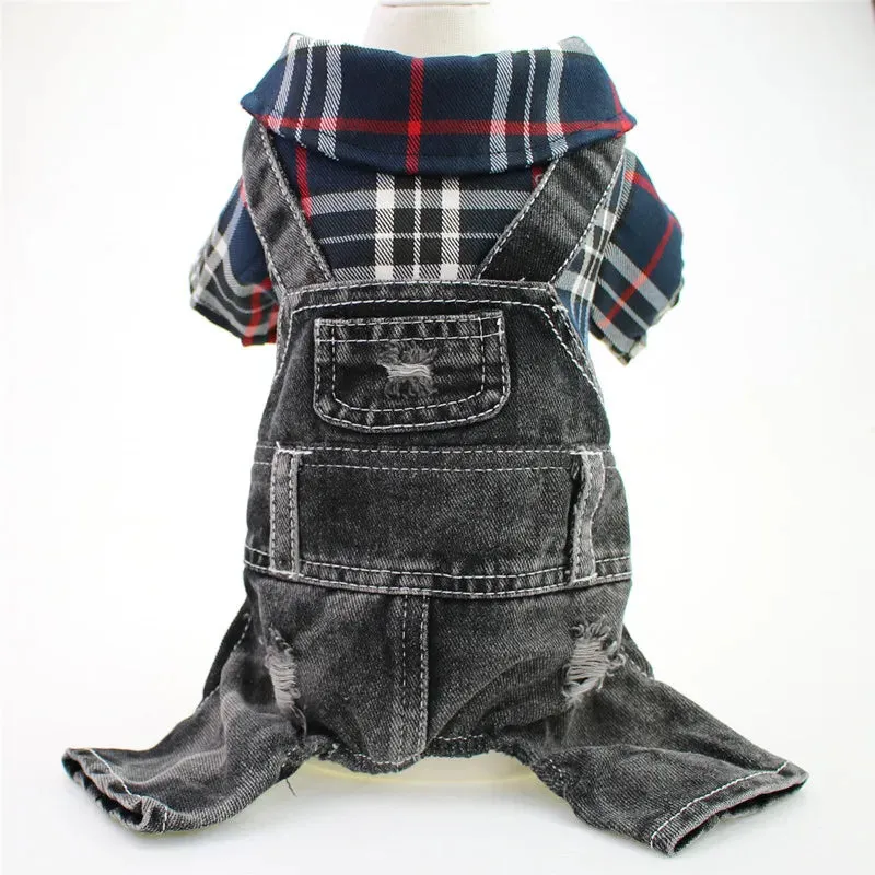 Spring Pet Dog Jumpsuit Denim Overalls for Dogs Plaid Jeans Jacket Pants Suit Onesies Small Dog Clothes Yorkie Chihuahua Apparel