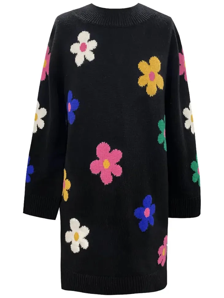 Sweater Dress with Colorful Flowers - Hannah Banana