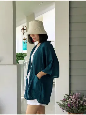 Teal Raw Natural Cotton Gauze Cardigan with Pockets