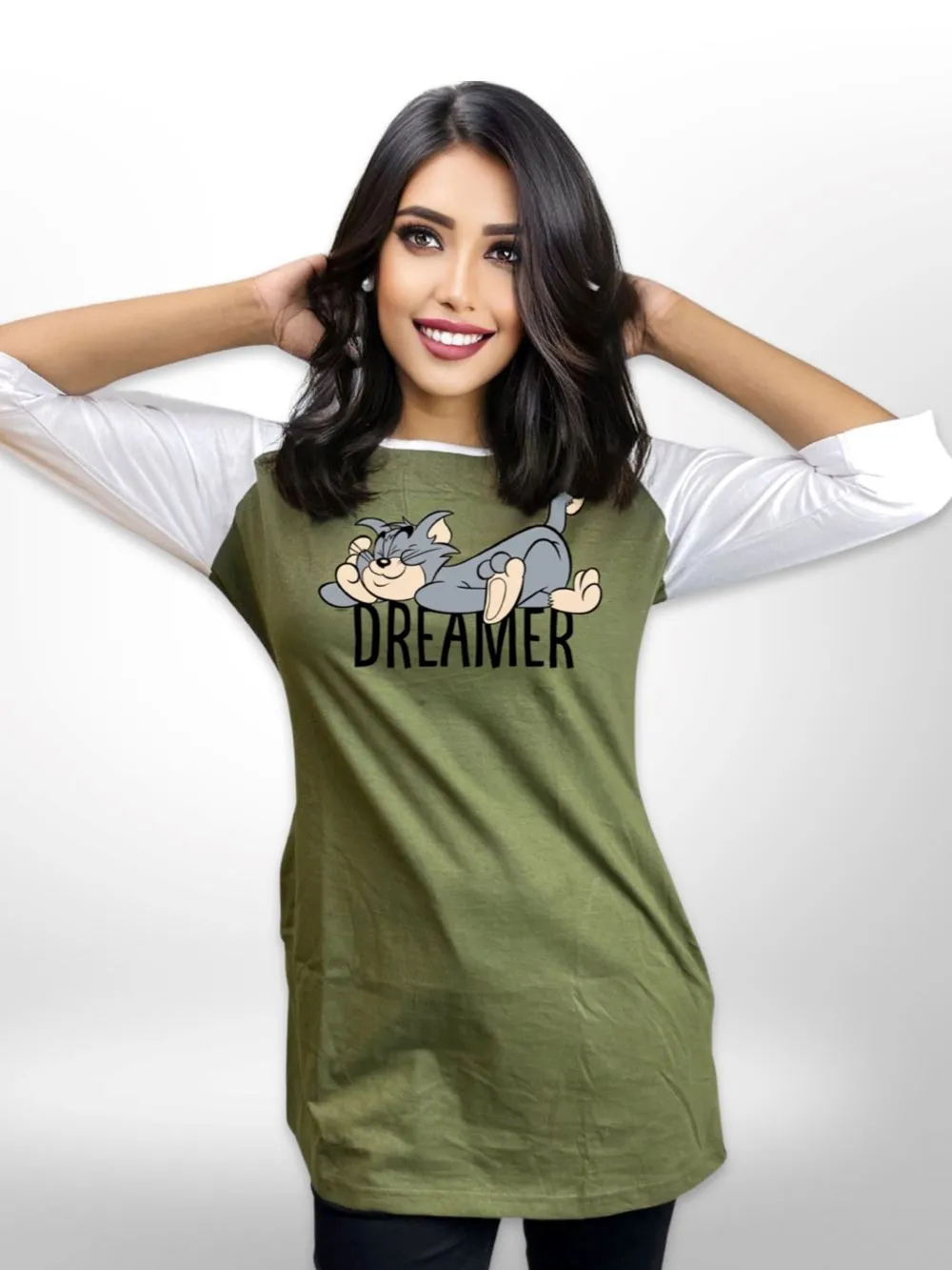 Tom Printed Ladies Long T-shirt Raglan Sleeve Side Pocket For Women's