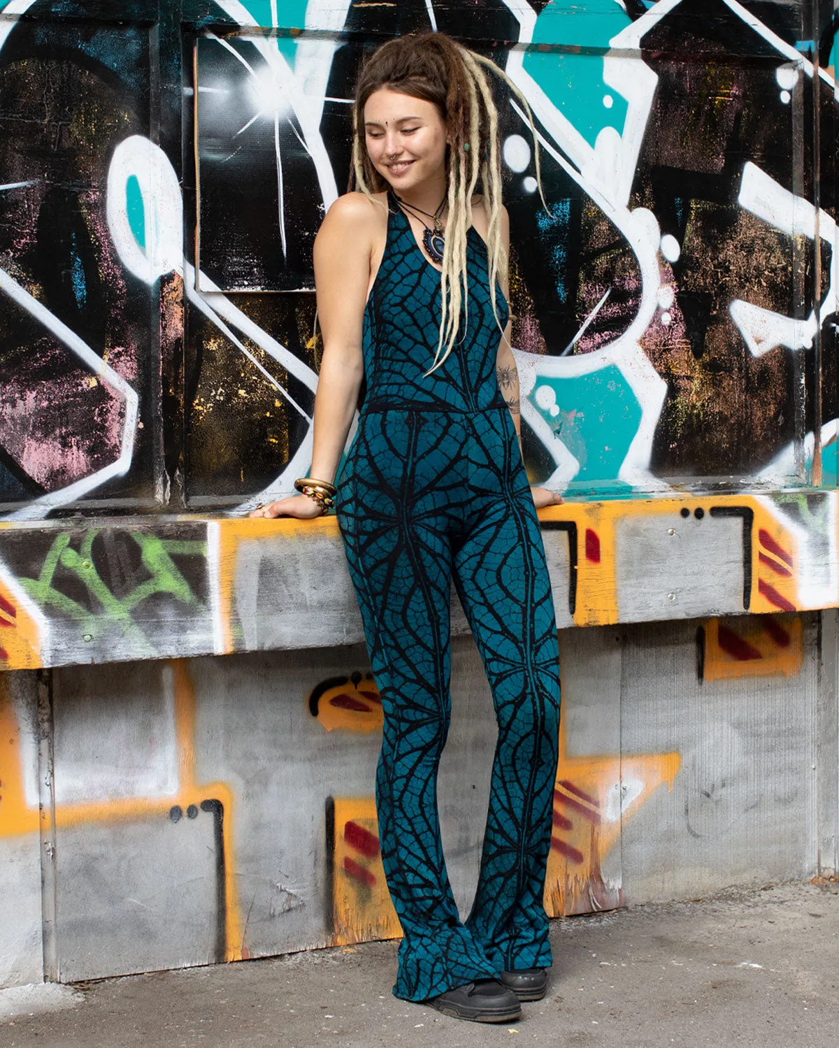 Tree of Life Fractal Tie Dye Flared Jumpsuit Teal