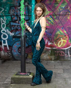 Tree of Life Fractal Tie Dye Flared Jumpsuit Teal