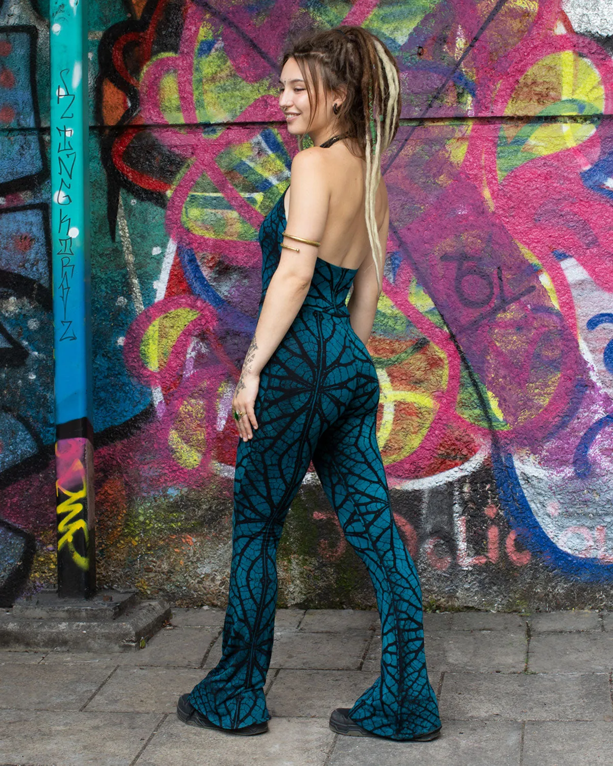 Tree of Life Fractal Tie Dye Flared Jumpsuit Teal