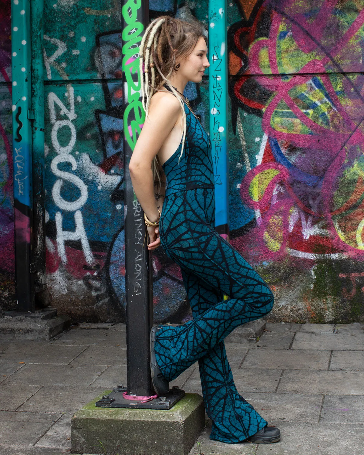 Tree of Life Fractal Tie Dye Flared Jumpsuit Teal