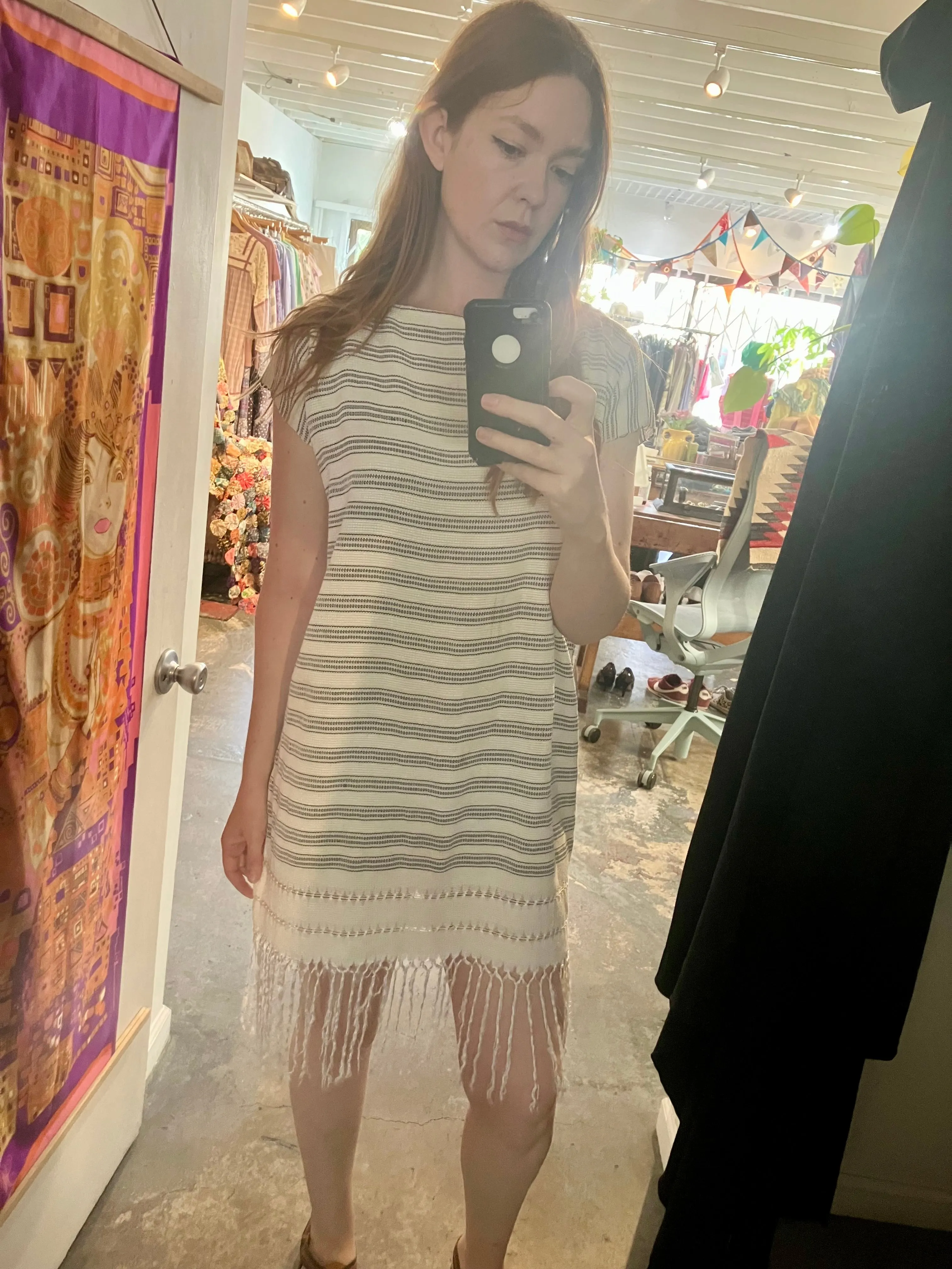 Vintage Black & White Striped Huipil Dress