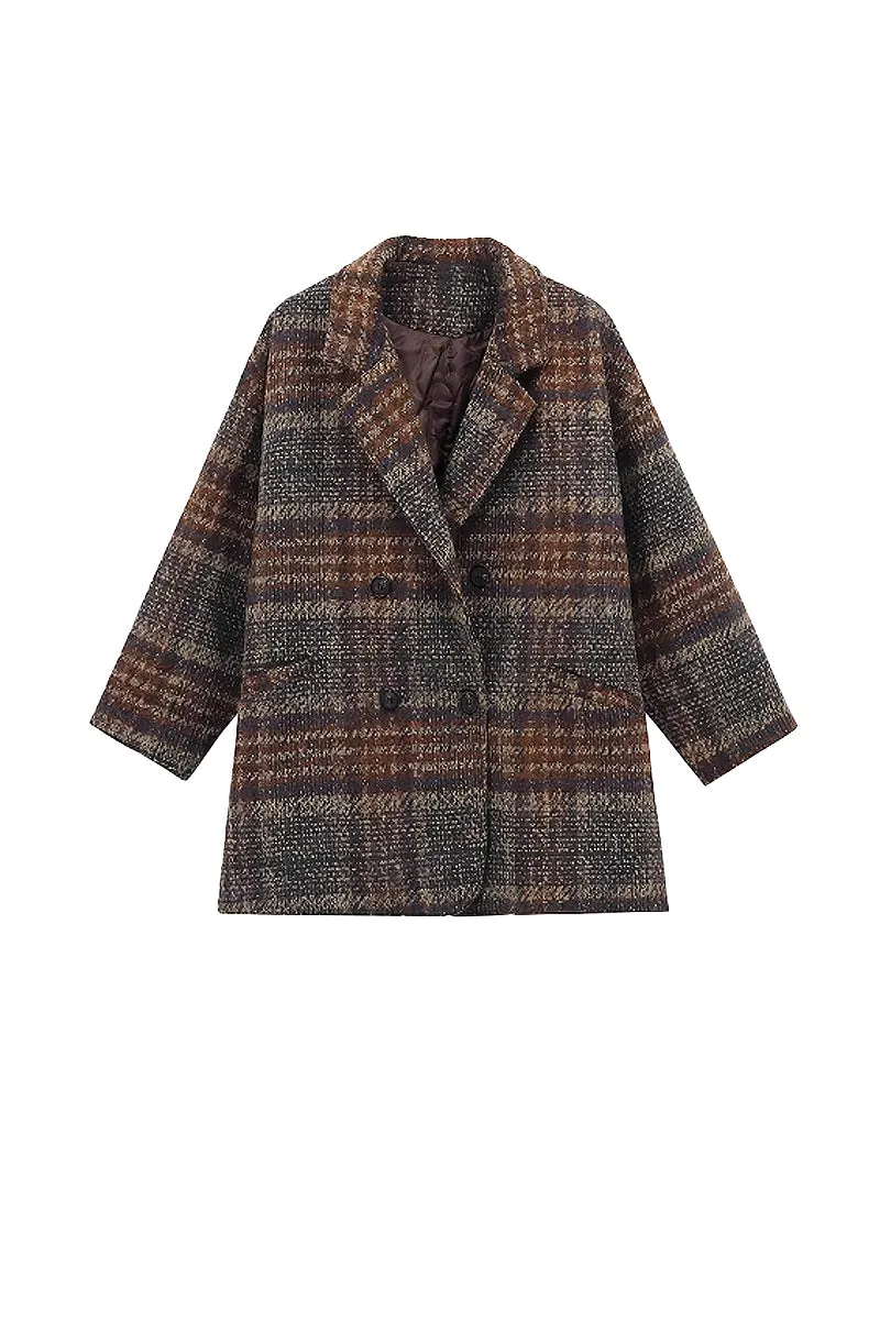 Vintage Double Breasted Plaid Tweed Blazer in Brown