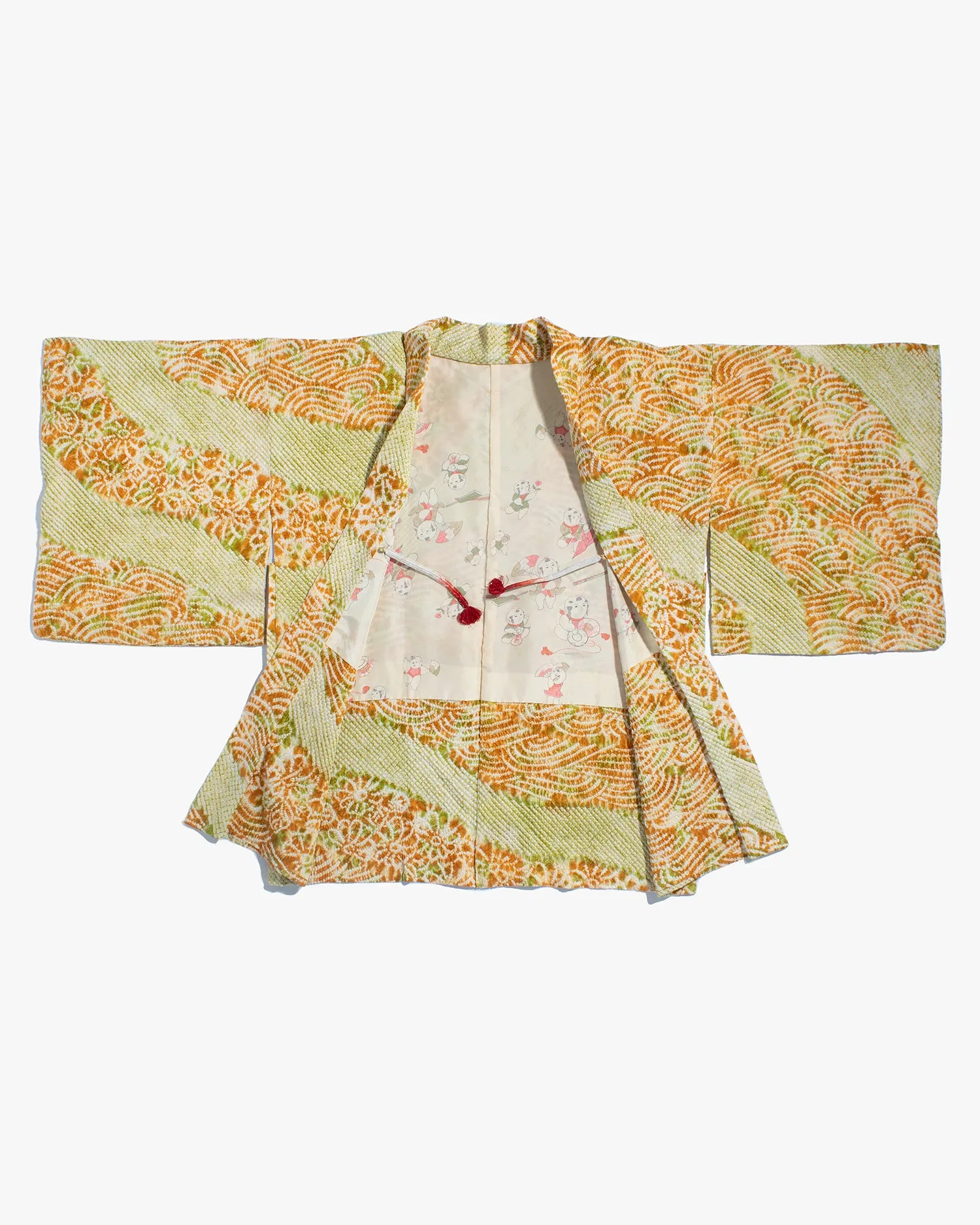 Vintage Haori Jacket, Full Shibori, Yellow and Green Partial Seigaiha and Daisies