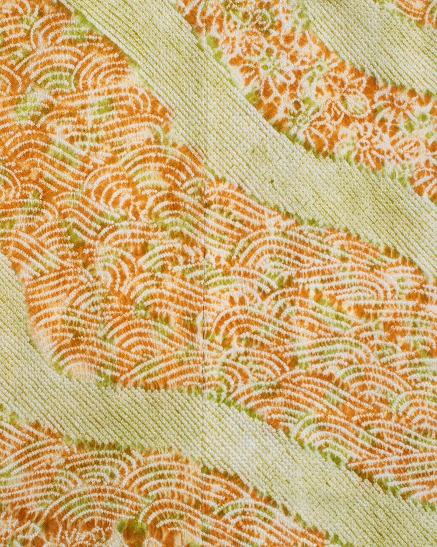 Vintage Haori Jacket, Full Shibori, Yellow and Green Partial Seigaiha and Daisies