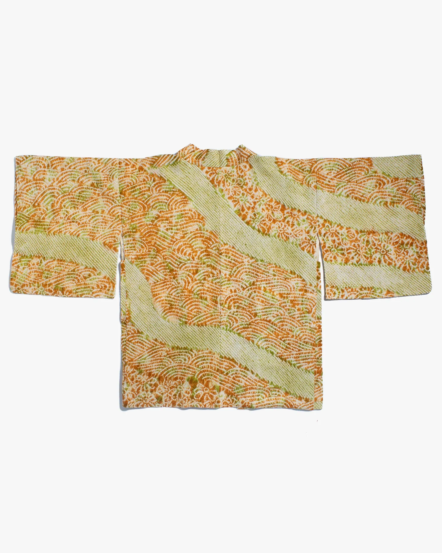 Vintage Haori Jacket, Full Shibori, Yellow and Green Partial Seigaiha and Daisies