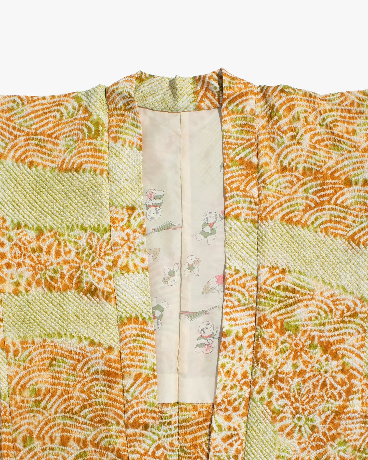 Vintage Haori Jacket, Full Shibori, Yellow and Green Partial Seigaiha and Daisies