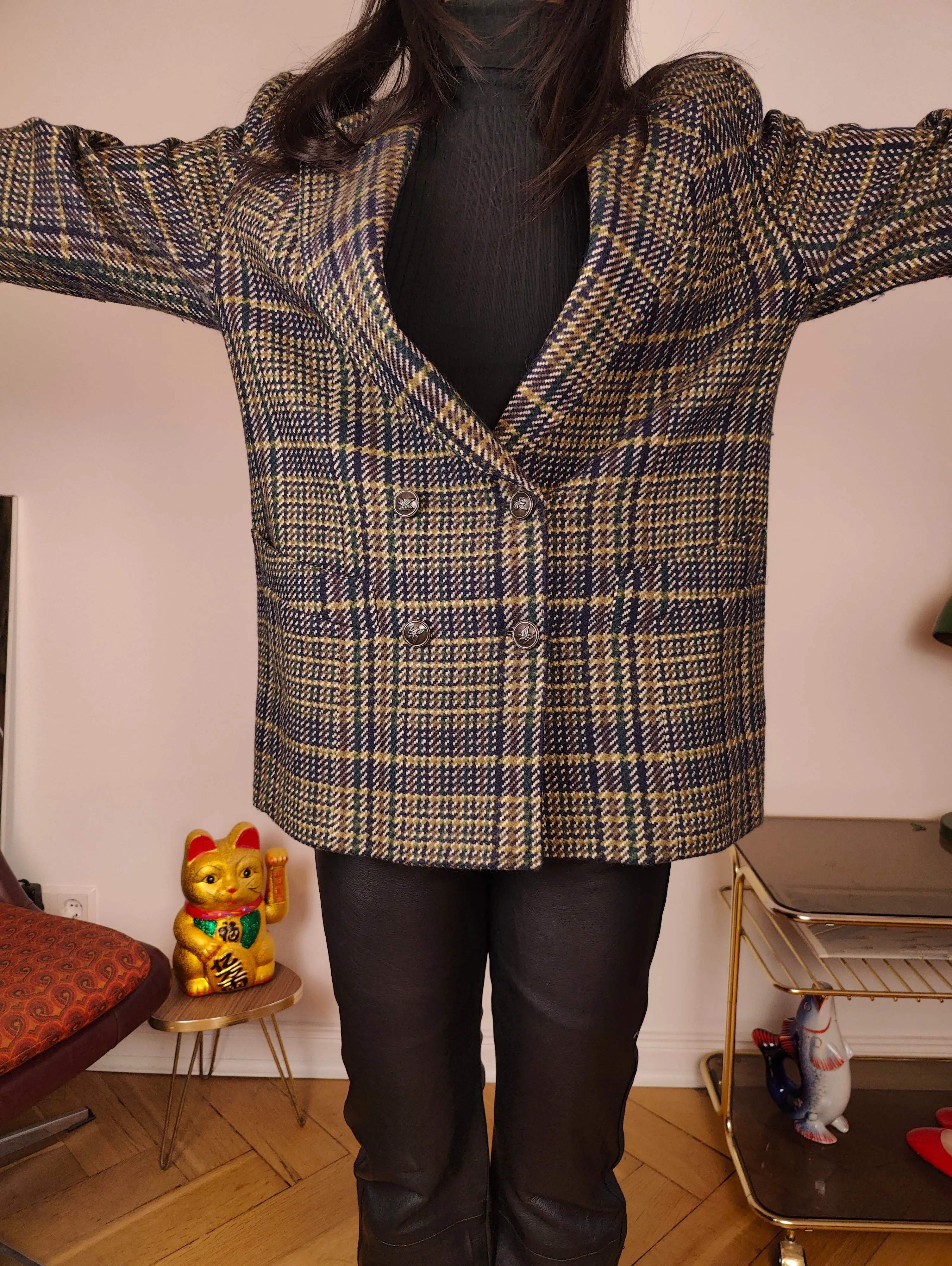 Vintage wool blazer jacket S M | check checker tartan khaki green brown Hucke
