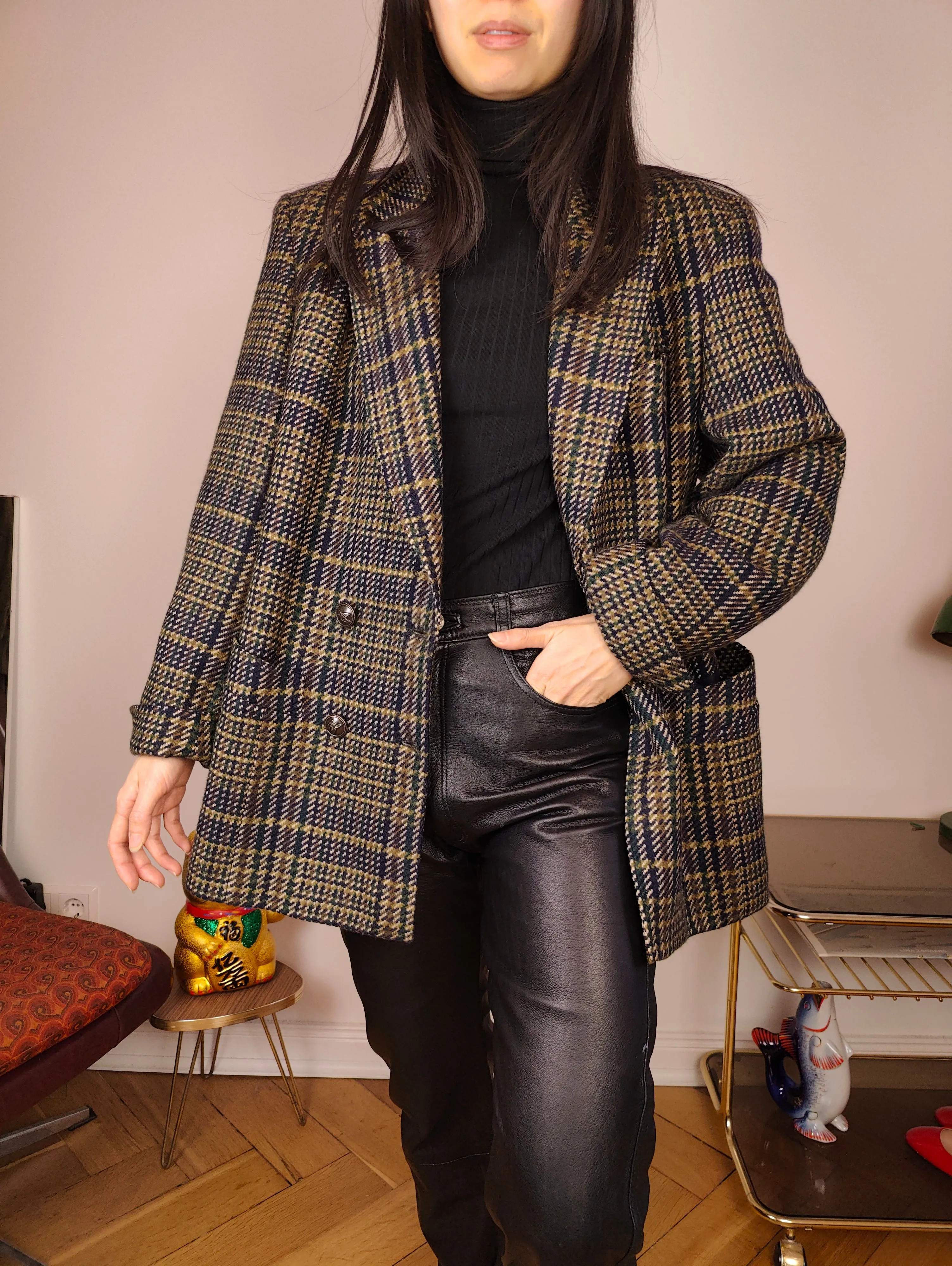 Vintage wool blazer jacket S M | check checker tartan khaki green brown Hucke