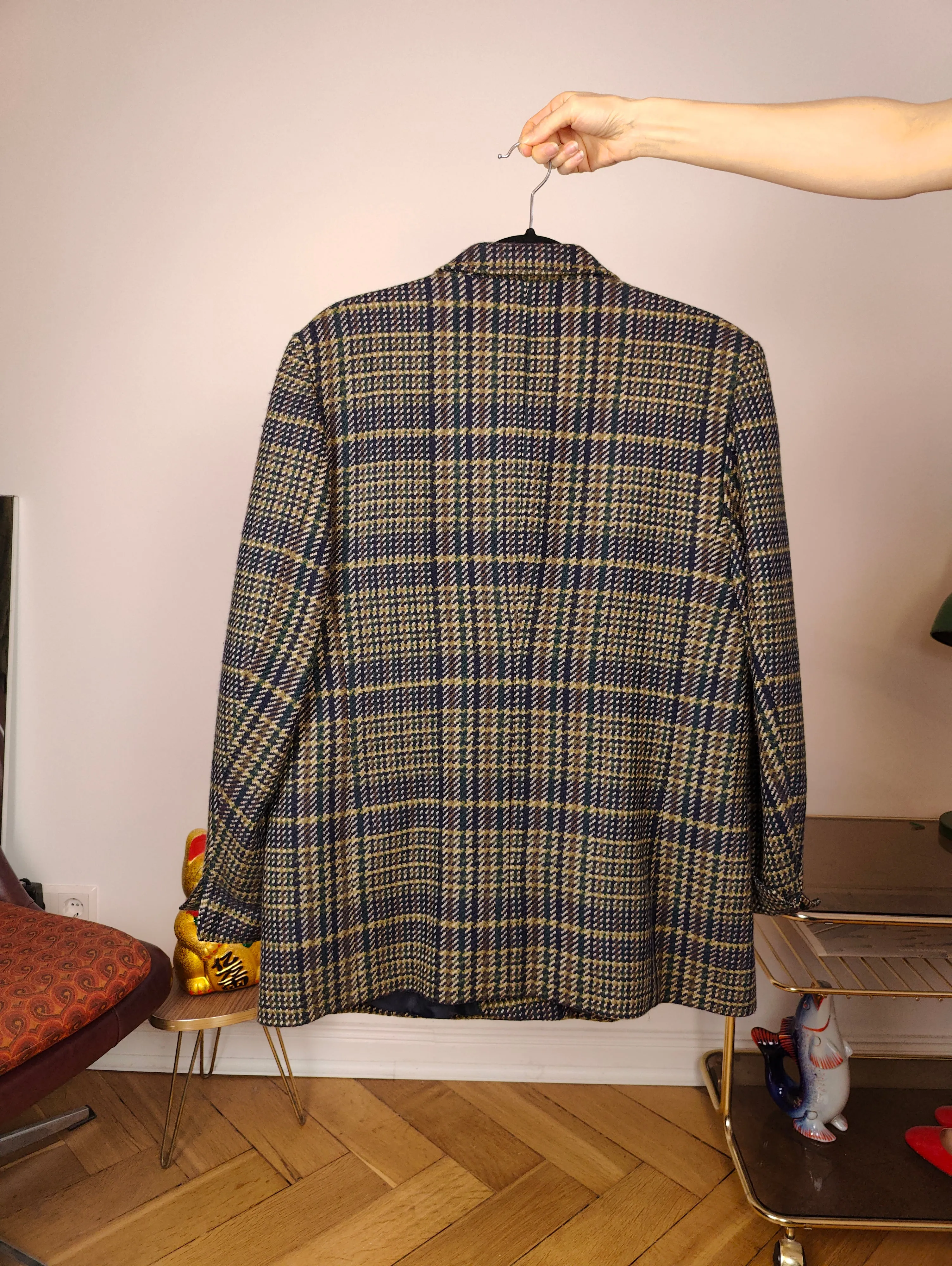 Vintage wool blazer jacket S M | check checker tartan khaki green brown Hucke