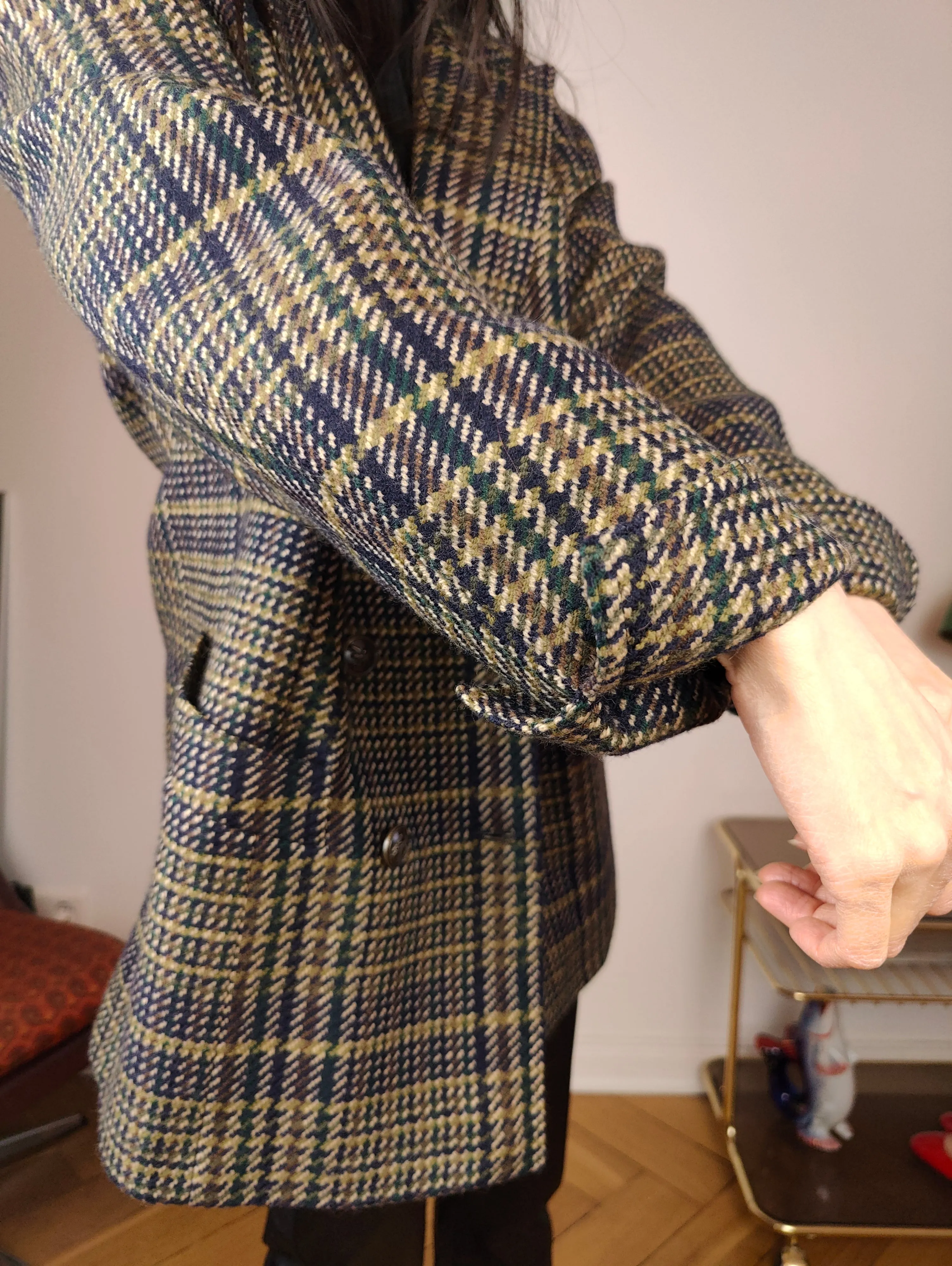 Vintage wool blazer jacket S M | check checker tartan khaki green brown Hucke