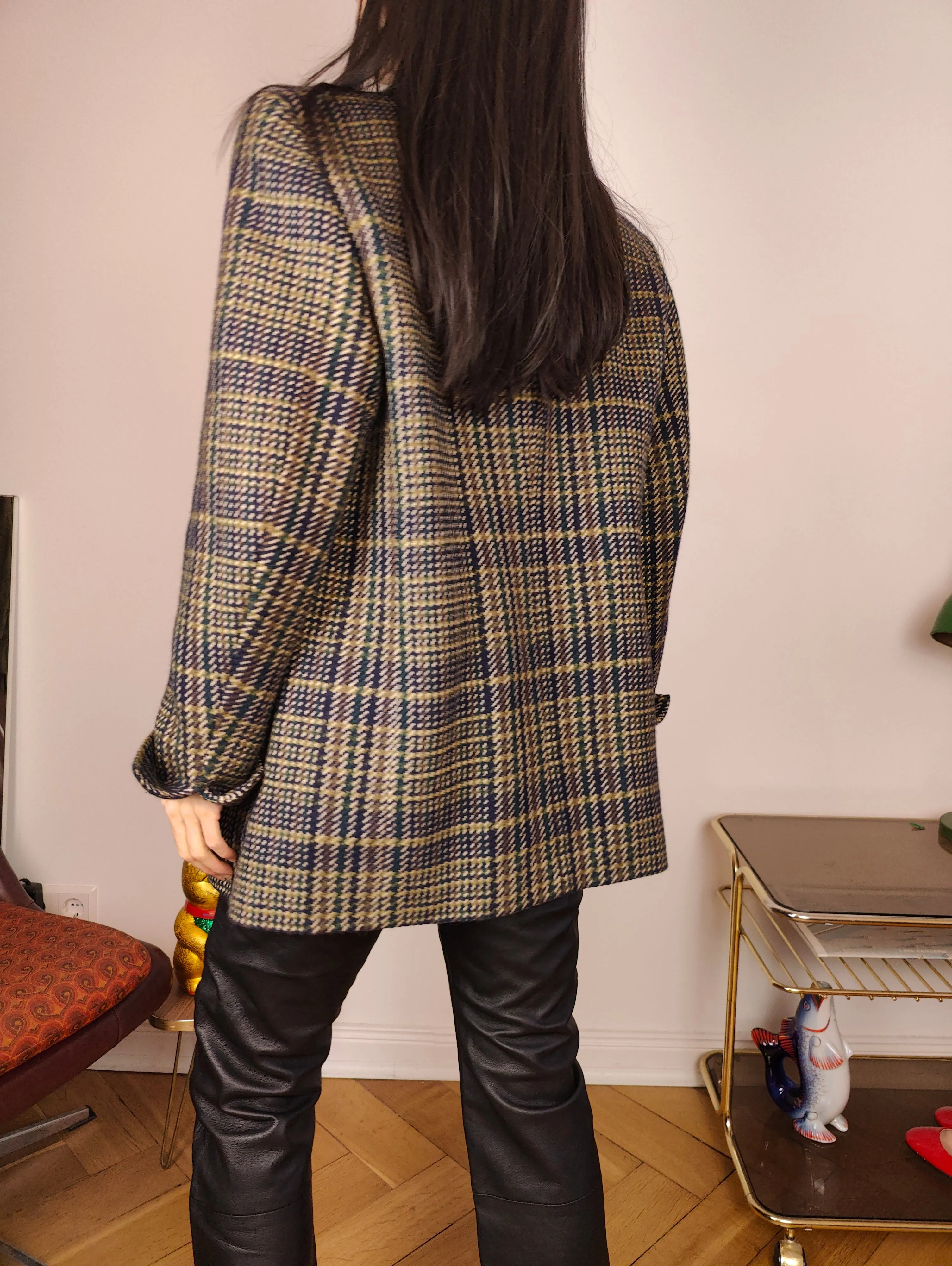Vintage wool blazer jacket S M | check checker tartan khaki green brown Hucke