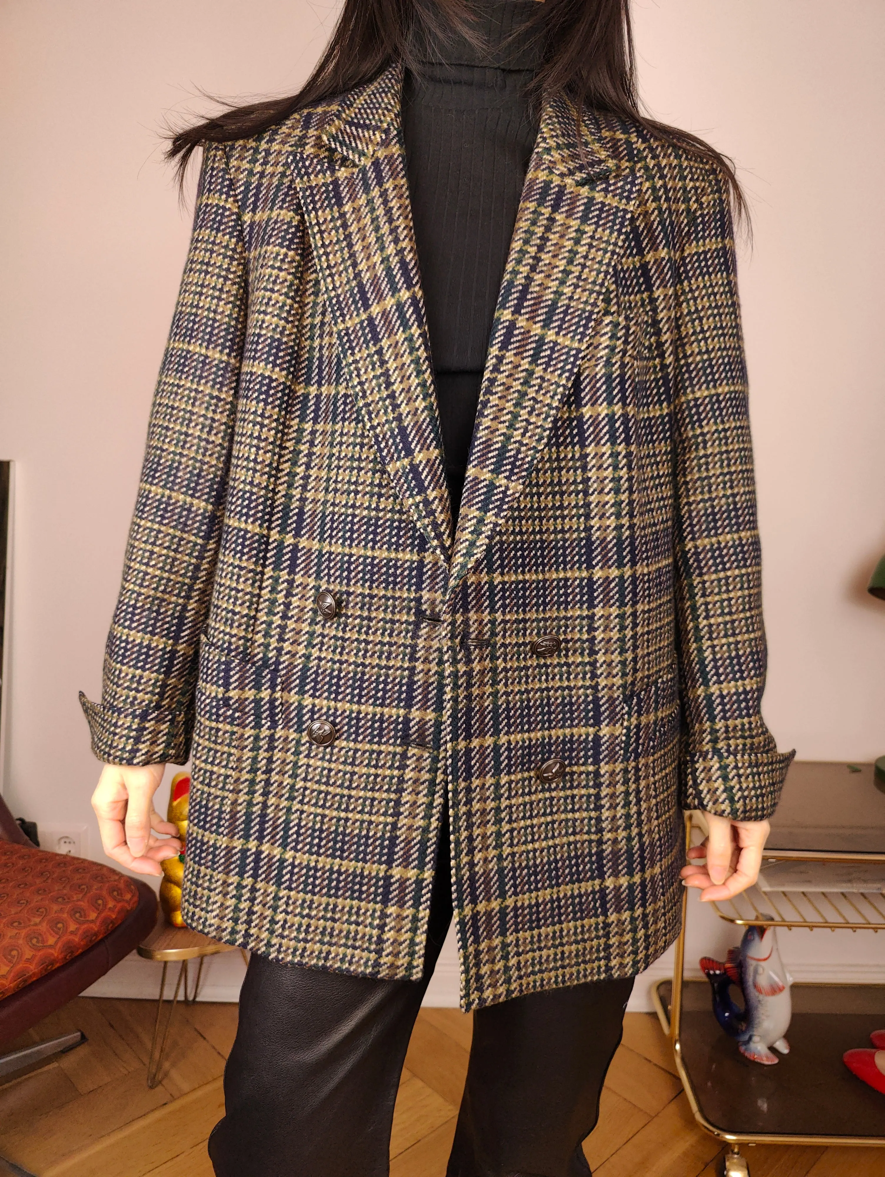 Vintage wool blazer jacket S M | check checker tartan khaki green brown Hucke