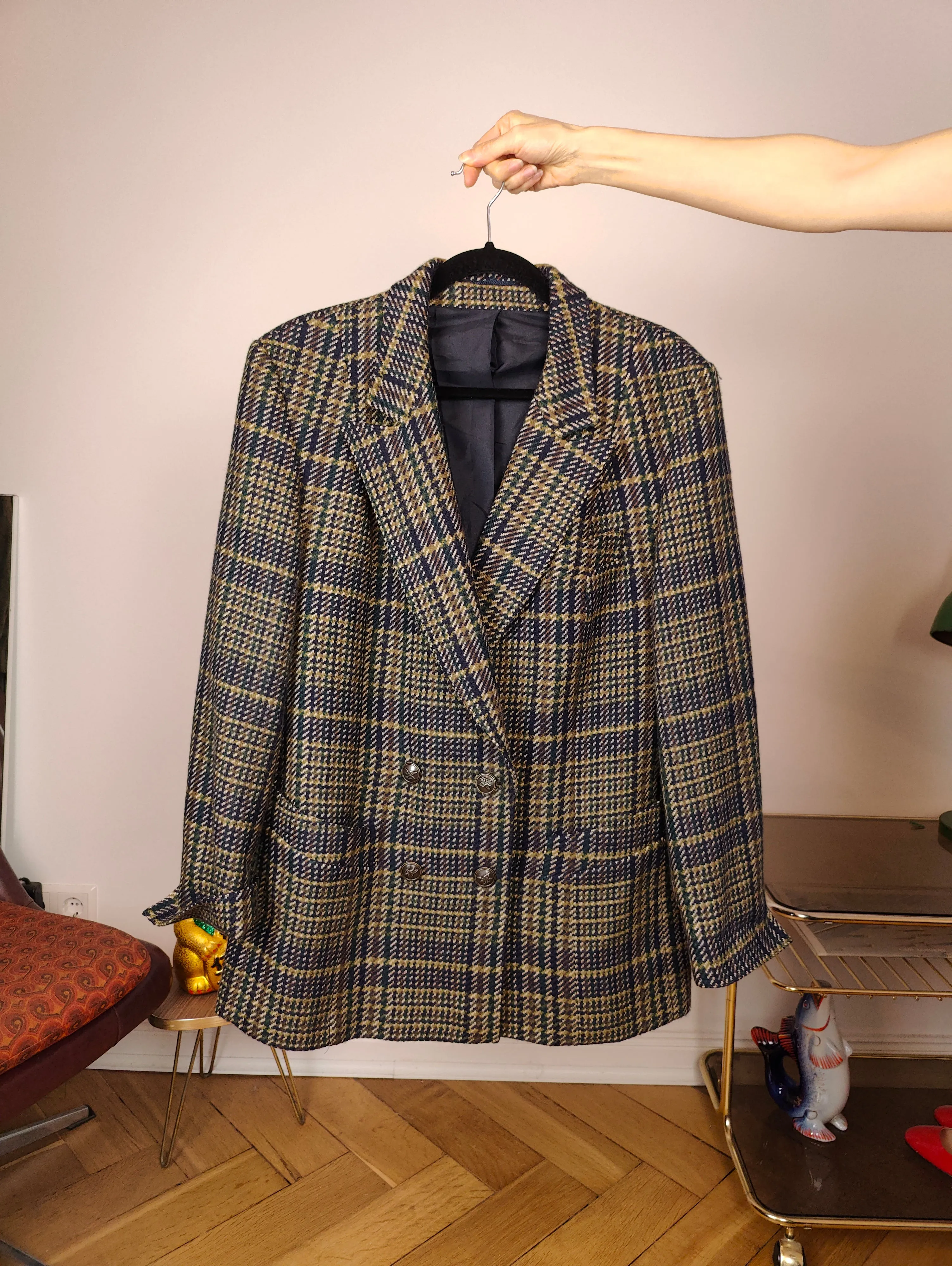 Vintage wool blazer jacket S M | check checker tartan khaki green brown Hucke
