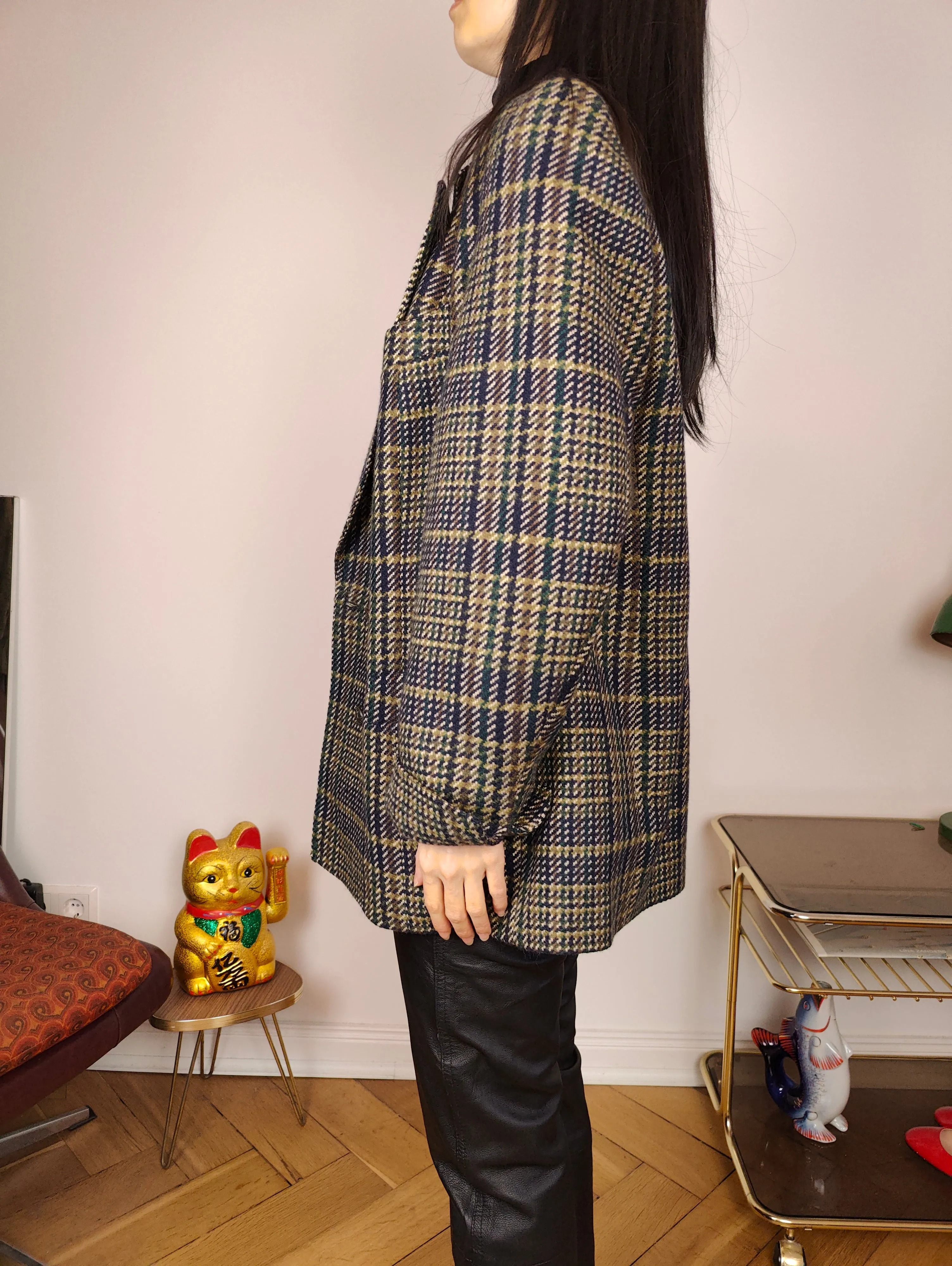 Vintage wool blazer jacket S M | check checker tartan khaki green brown Hucke