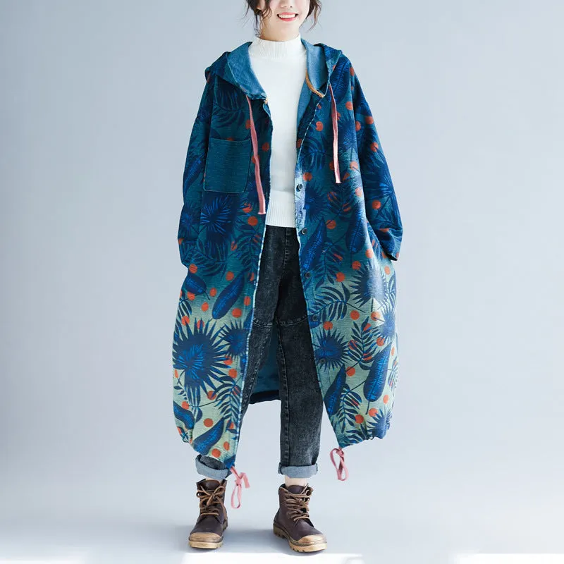 Women Artsy Leaf Gradual Print Denim Hooded Long Coat