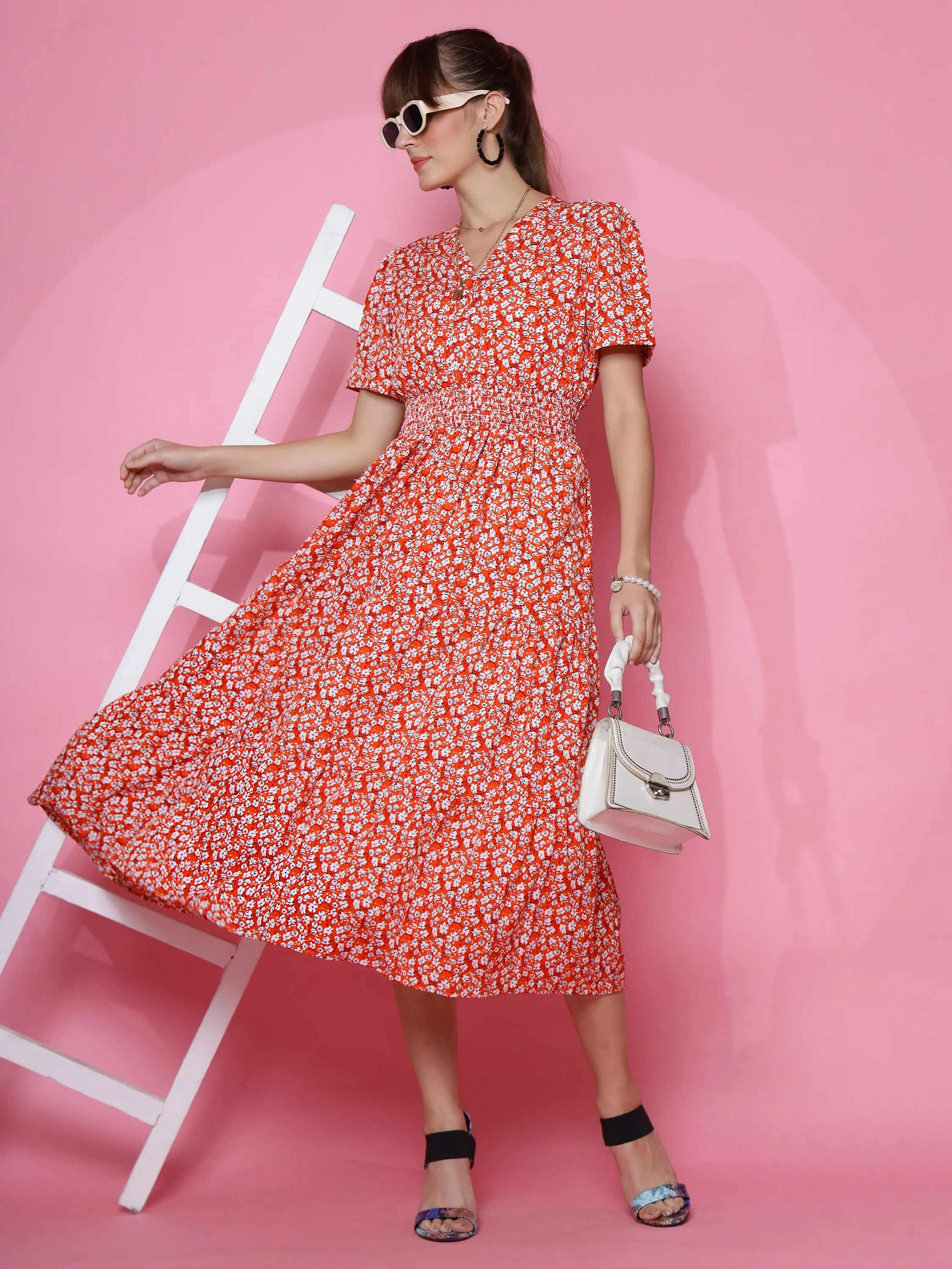 Women Crepe Printed V-Neck Half Sleeve Full Length Maxi Dress