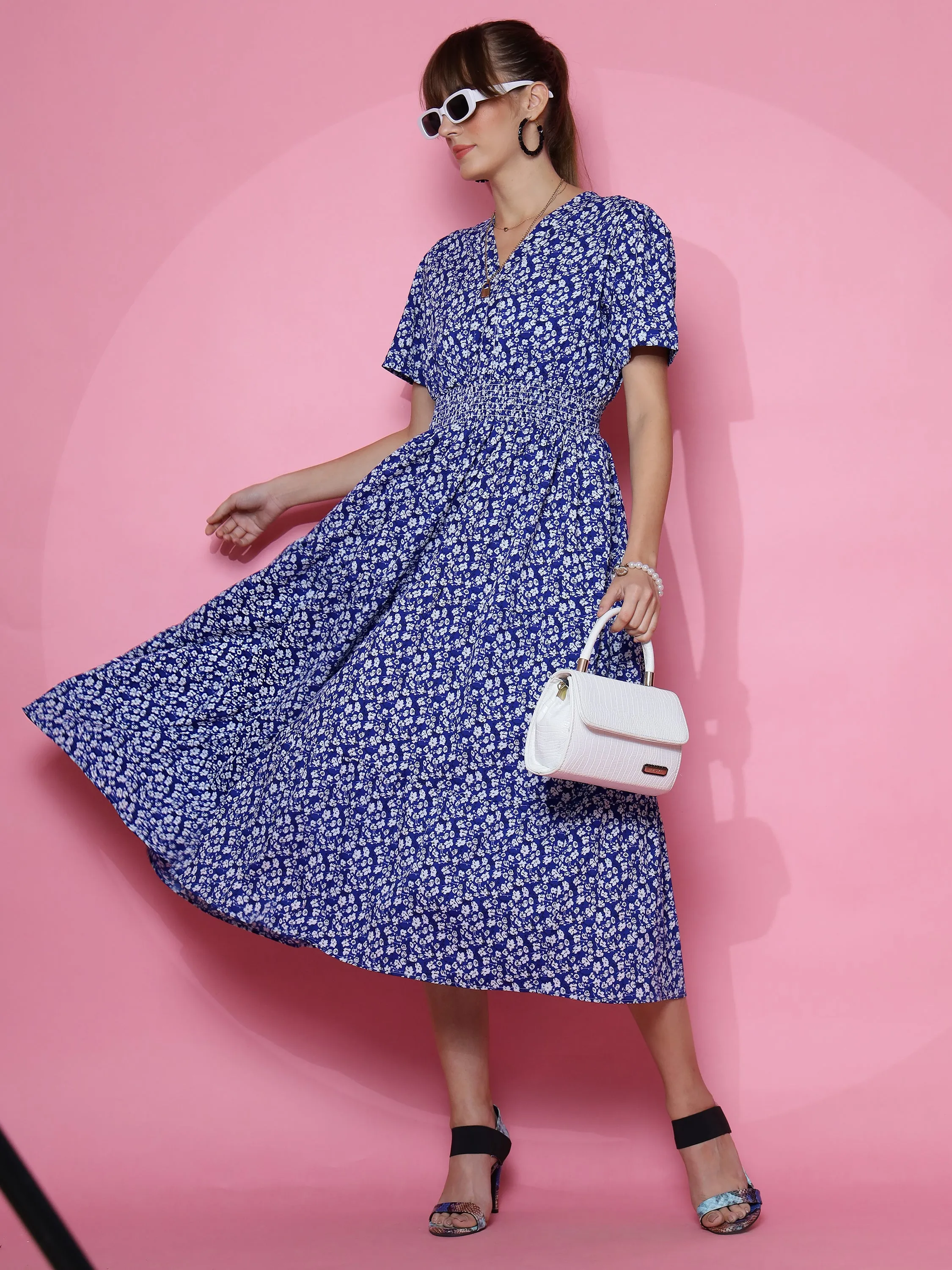 Women Crepe Printed V-Neck Half Sleeve Full Length Maxi Dress