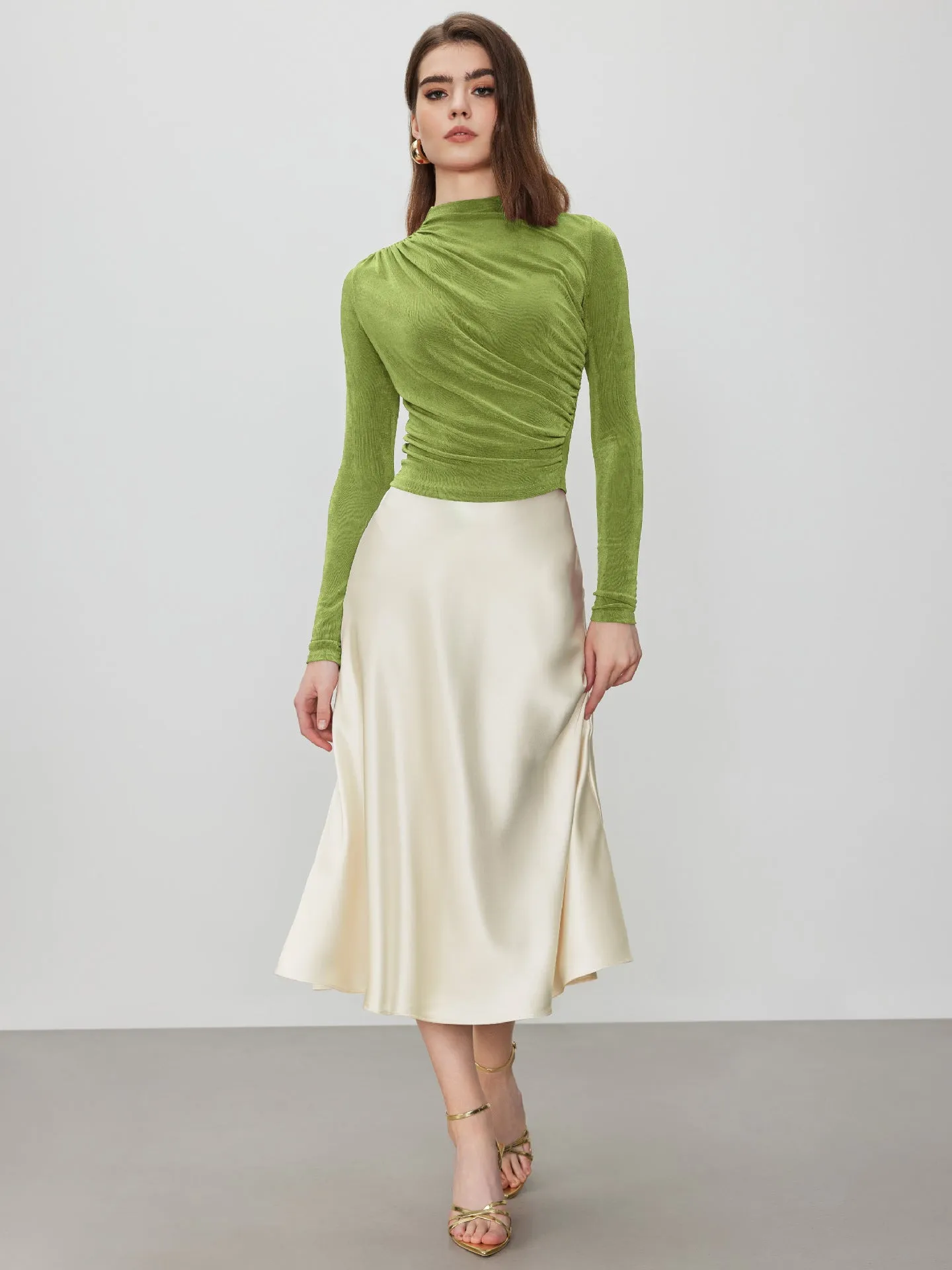 Women's Autumn Winter Velvet Ruched Long Sleeve Pullover Mock Neck Top
