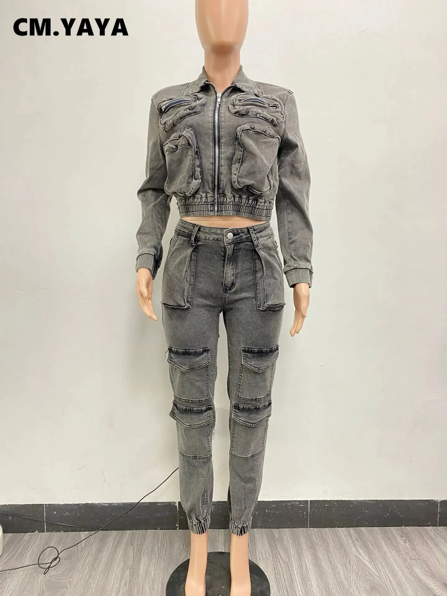 Women's Denim Set Pocket Front Jacket and Pocket Cargo Jeans 2 Piece Outfit