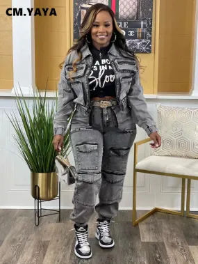 Women's Denim Set Pocket Front Jacket and Pocket Cargo Jeans 2 Piece Outfit