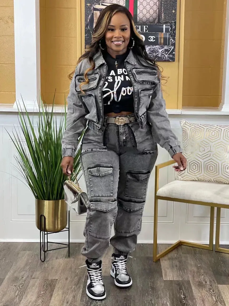 Women's Denim Set Pocket Front Jacket and Pocket Cargo Jeans 2 Piece Outfit
