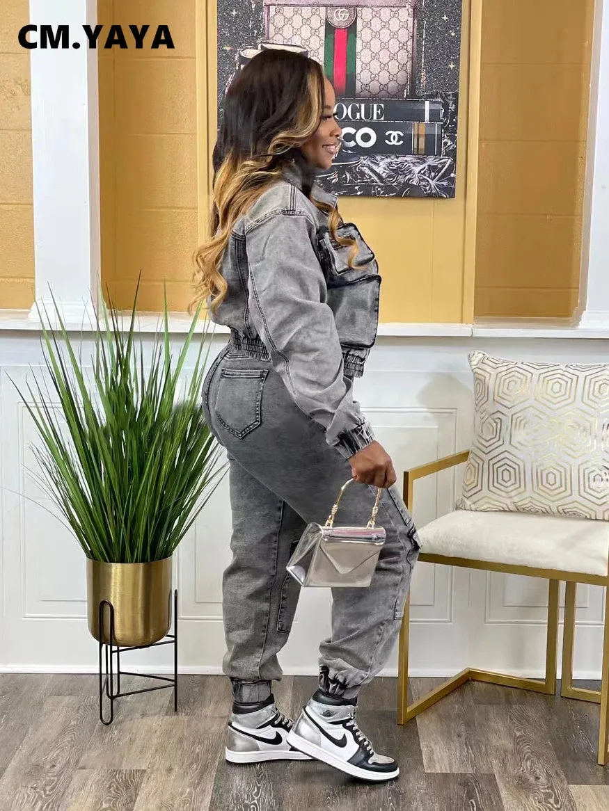 Women's Denim Set Pocket Front Jacket and Pocket Cargo Jeans 2 Piece Outfit
