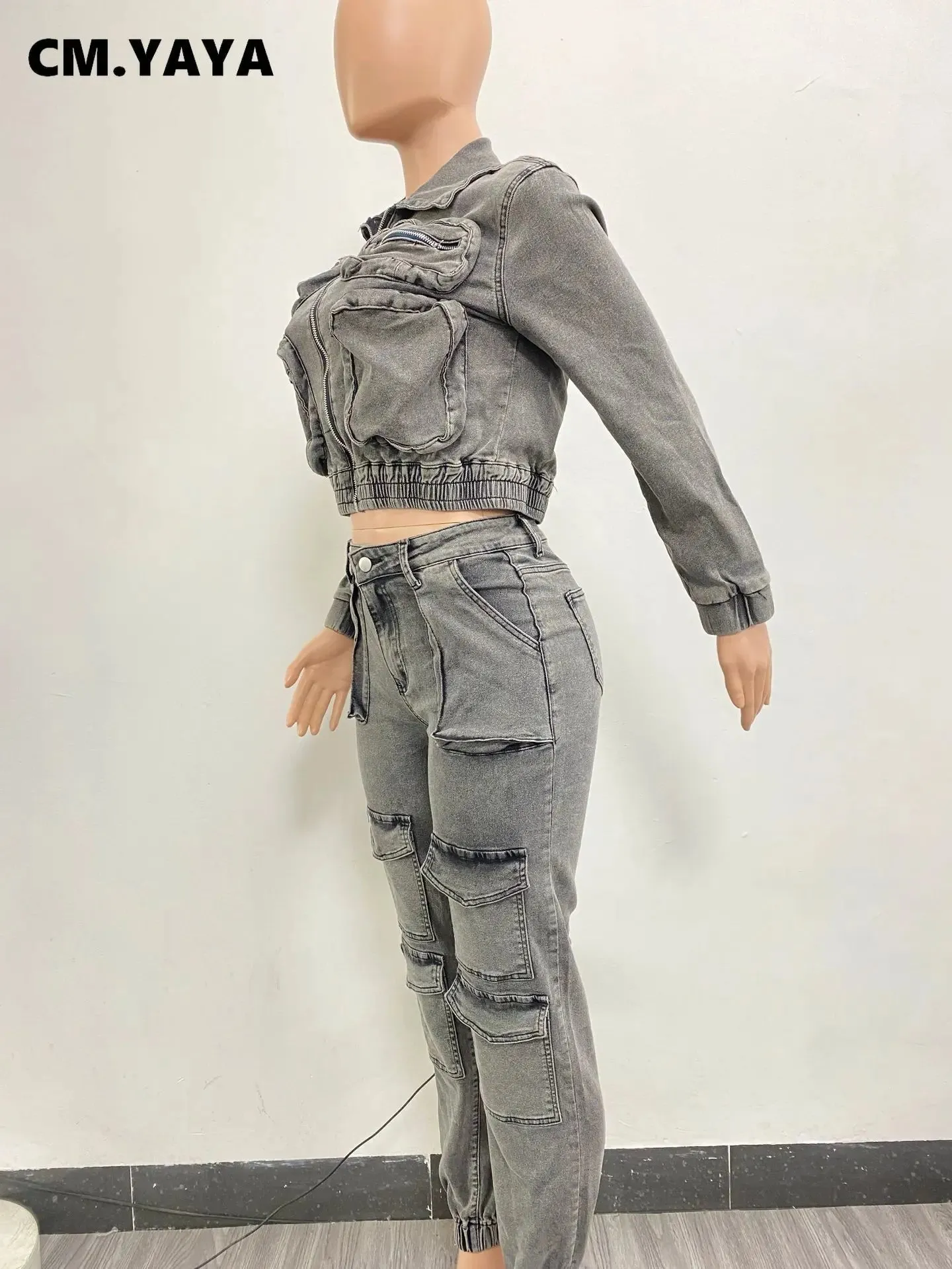 Women's Denim Set Pocket Front Jacket and Pocket Cargo Jeans 2 Piece Outfit