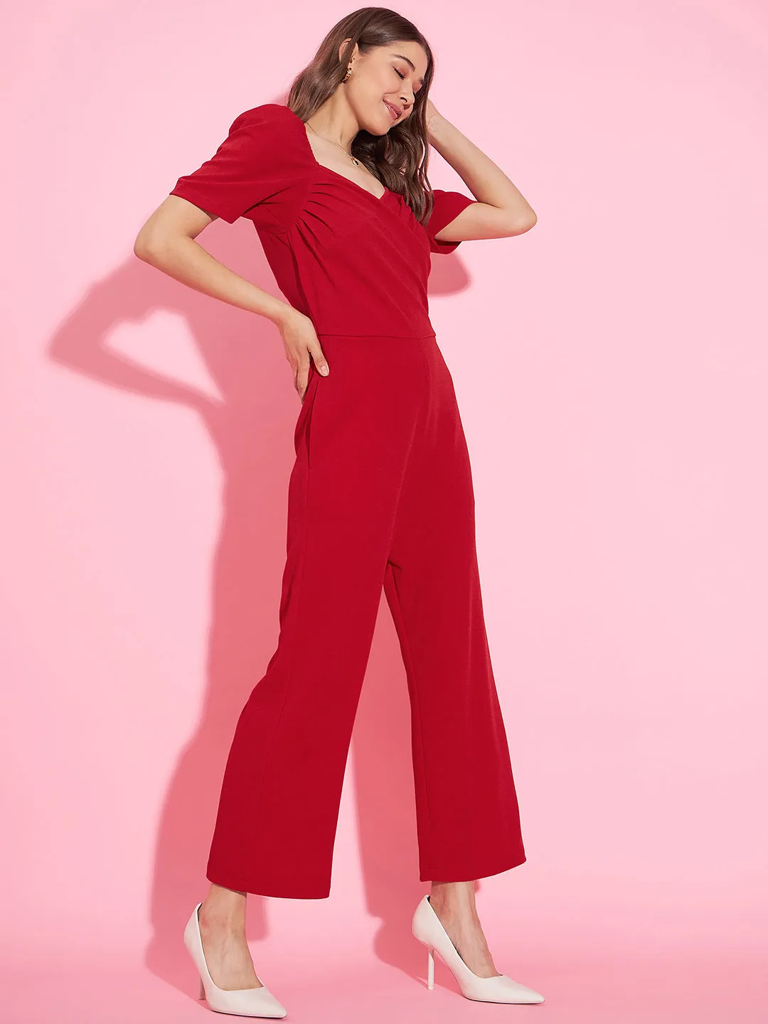 Women's Front Pleat Red Polyester Lycra Jumpsuit - StyleStone