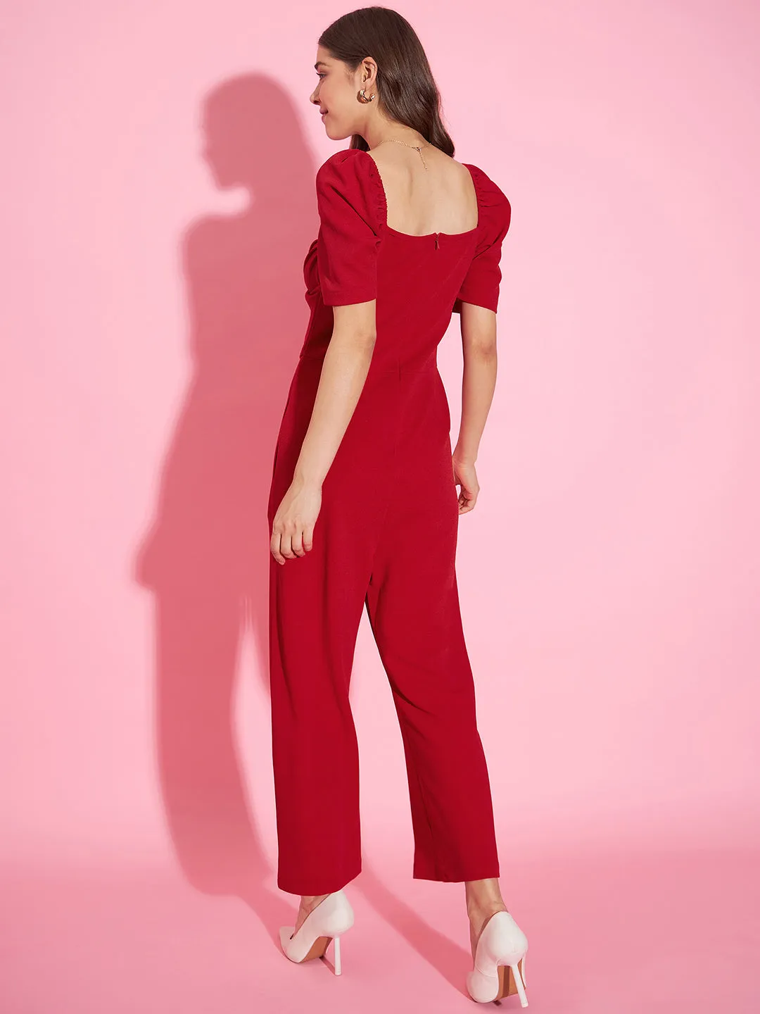 Women's Front Pleat Red Polyester Lycra Jumpsuit - StyleStone