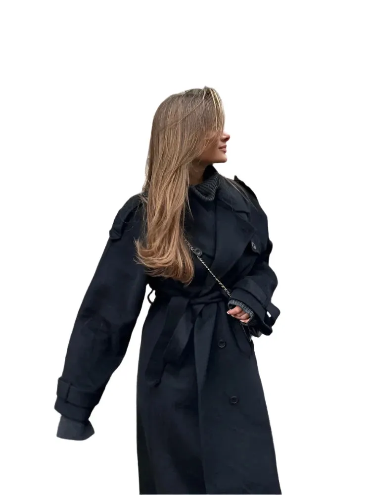 Women's Oversized Black Woolen Long Coat with Belt – Loose Fit Double-Breasted Lapel Overcoat, High Street Autumn Fashion