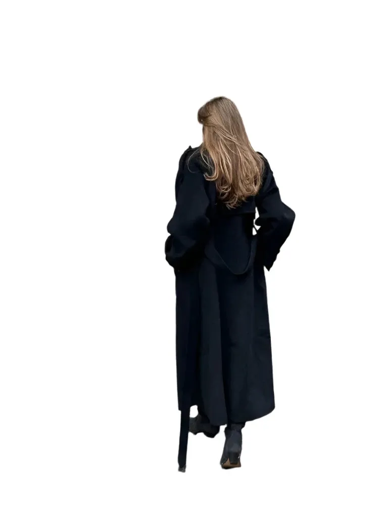 Women's Oversized Black Woolen Long Coat with Belt – Loose Fit Double-Breasted Lapel Overcoat, High Street Autumn Fashion