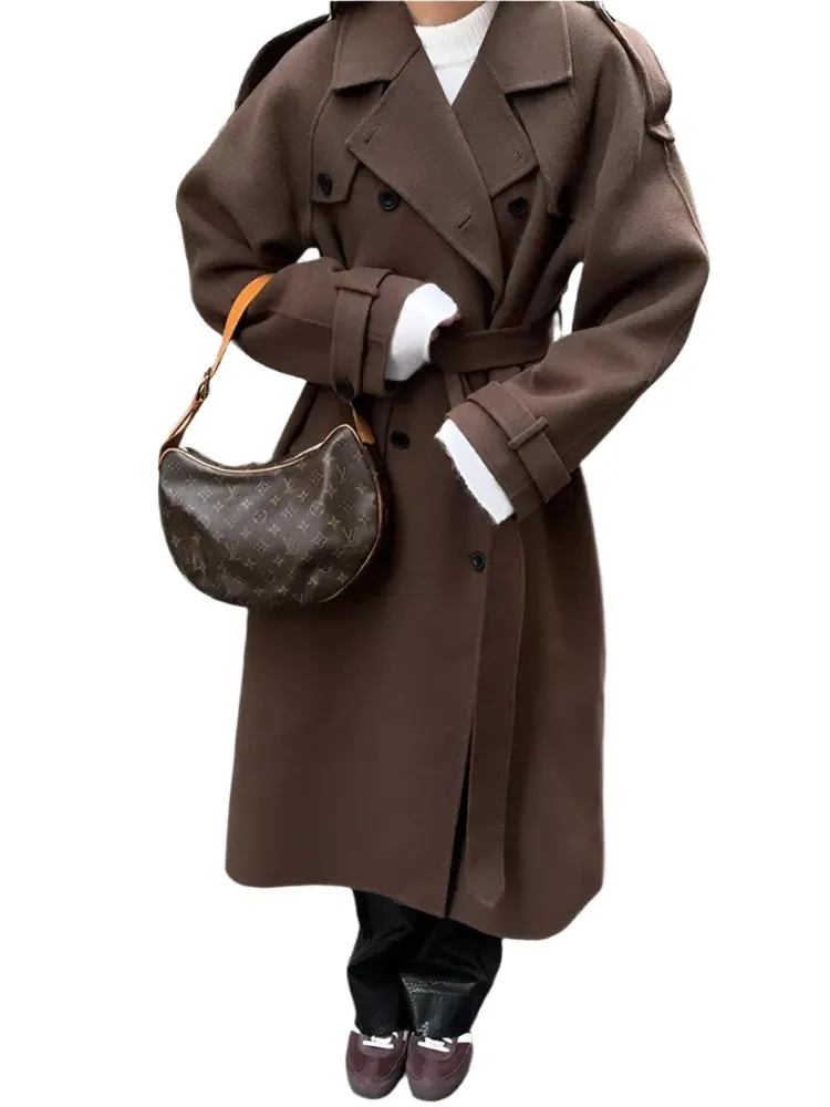 Women's Oversized Black Woolen Long Coat with Belt – Loose Fit Double-Breasted Lapel Overcoat, High Street Autumn Fashion