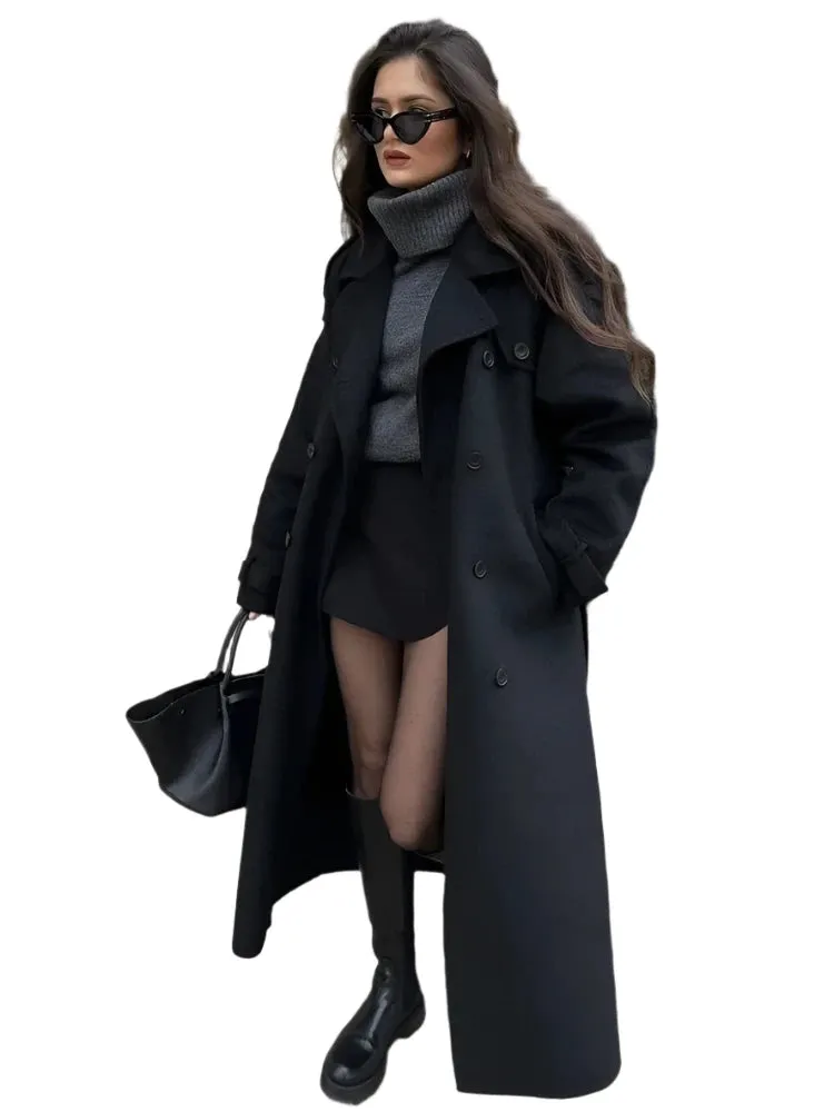 Women's Oversized Black Woolen Long Coat with Belt – Loose Fit Double-Breasted Lapel Overcoat, High Street Autumn Fashion