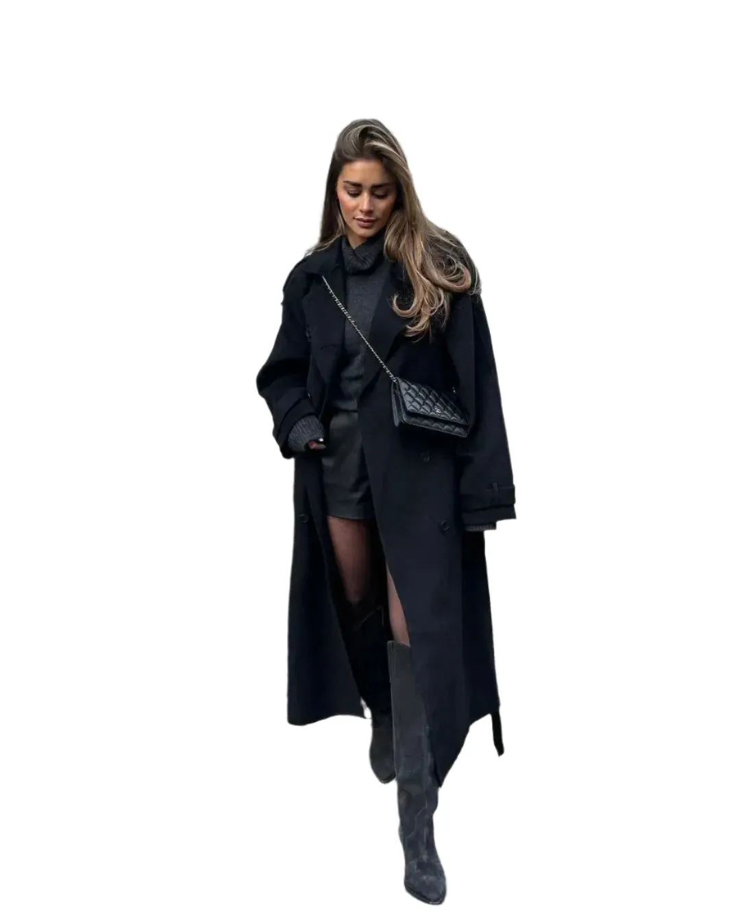 Women's Oversized Black Woolen Long Coat with Belt – Loose Fit Double-Breasted Lapel Overcoat, High Street Autumn Fashion