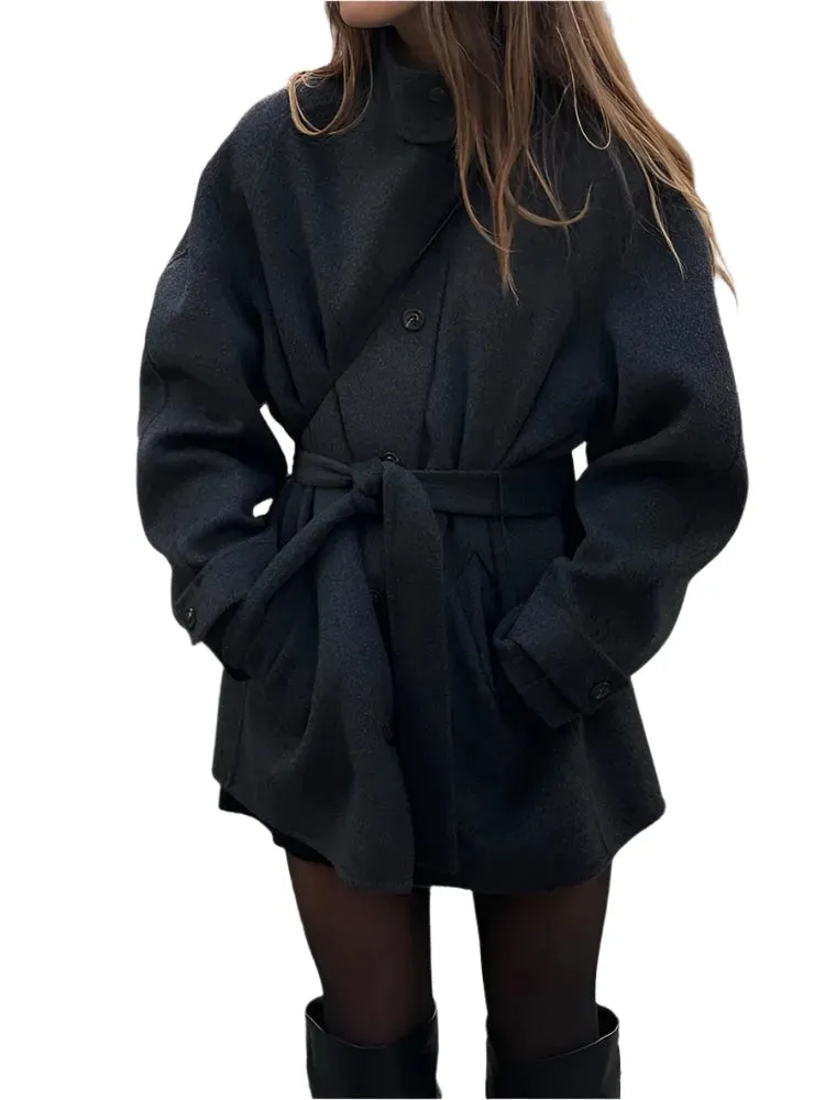 Women's Oversized Black Woolen Long Coat with Belt – Loose Fit Double-Breasted Lapel Overcoat, High Street Autumn Fashion