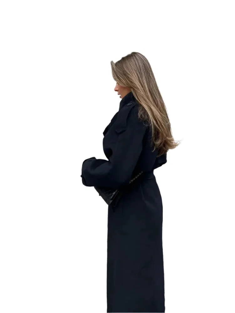Women's Oversized Black Woolen Long Coat with Belt – Loose Fit Double-Breasted Lapel Overcoat, High Street Autumn Fashion