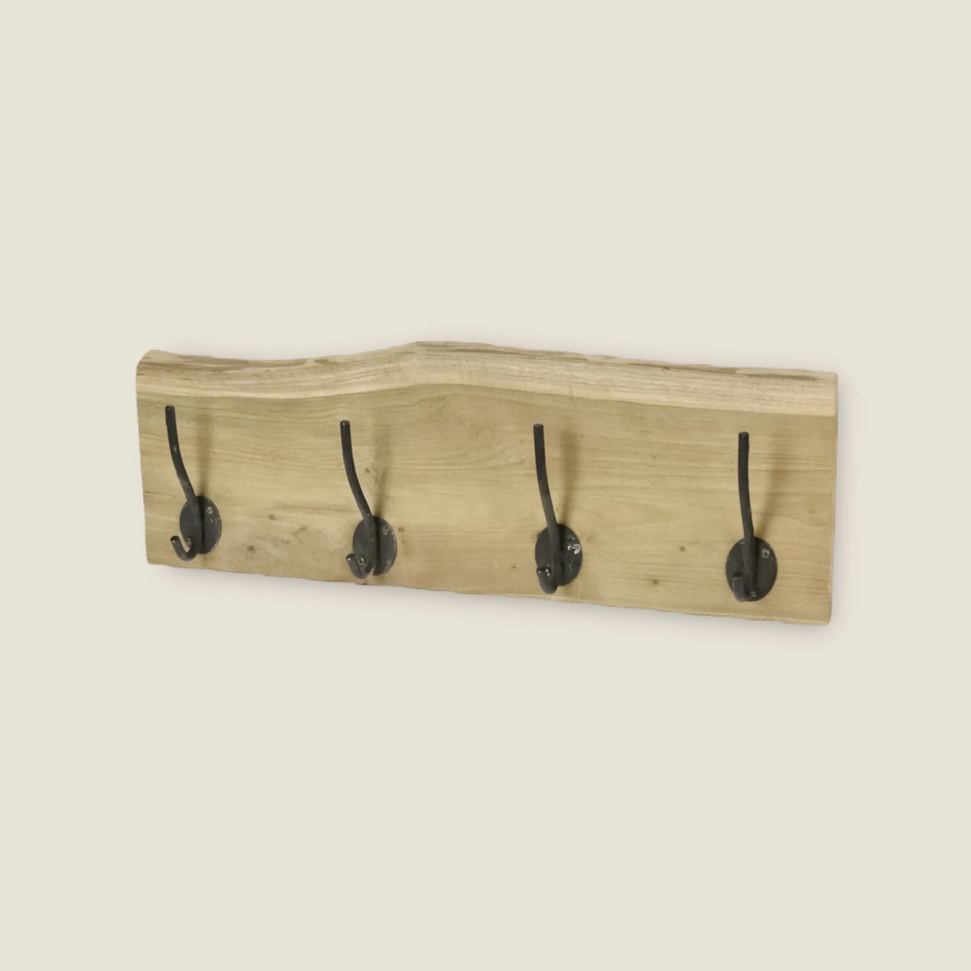 Wooden Coat Rack 4 Cast Iron Hooks Wall Mounted Teak Wood Rail Hanging Coat Rack