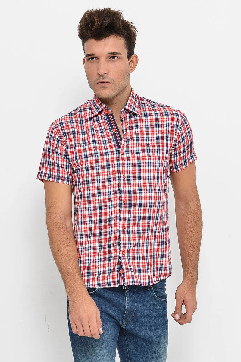 WSS Checked Short Sleeves Navy Blue Men Shirt  - Singen